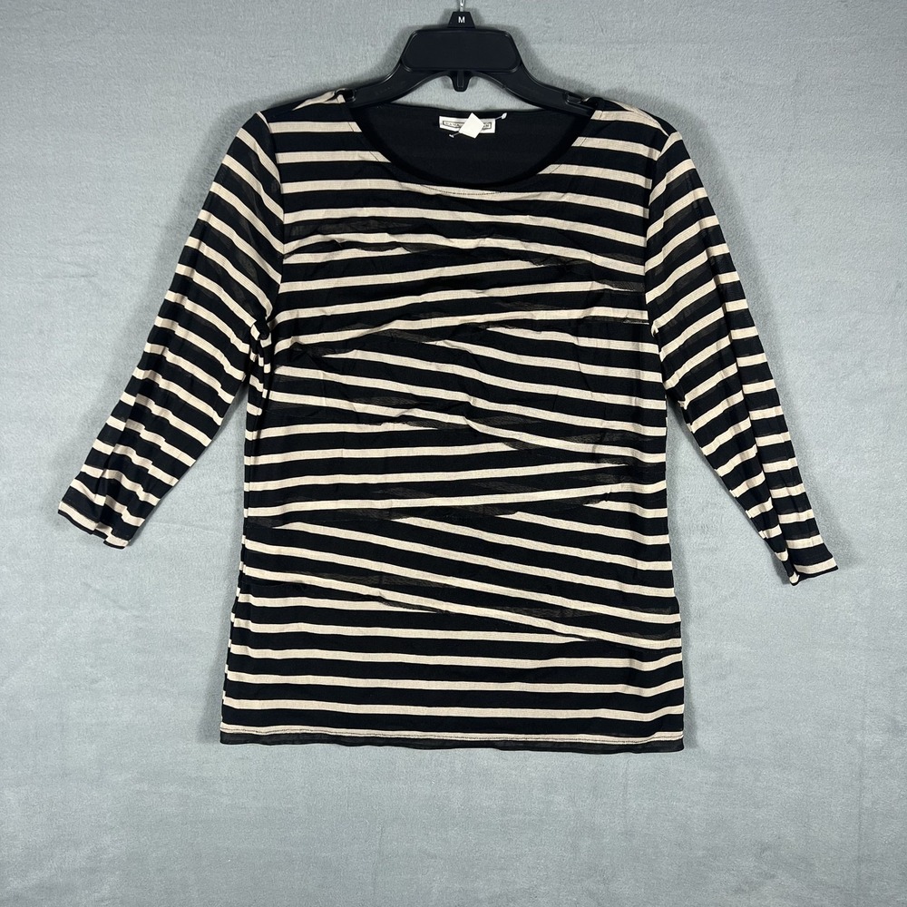 DANA BUCHMAN Women's L Black Beige Striped 3/4 Sleeve Layered Look Tunic Top